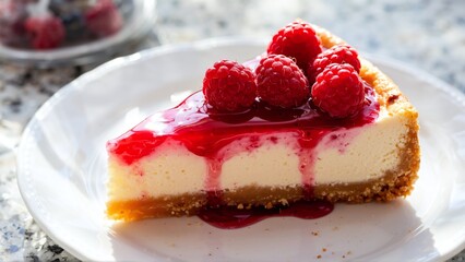 A Delectable Slice of Cheesecake Crowned with Fresh Raspberries and Drizzled with Sweet Red Berry Sauce