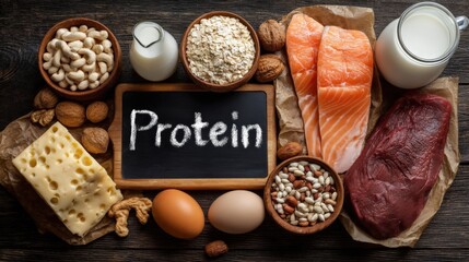 Protein-rich foods: meat, fish, eggs, cottage cheese, dairy, and nuts on a dark background