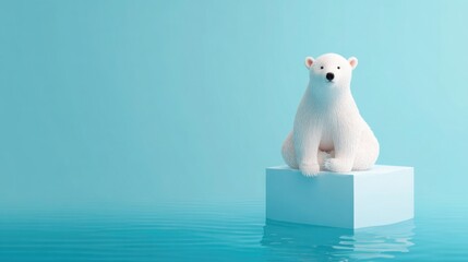 Polar Bear Sitting Alone on Ice Block in Blue Ocean Highlighting Arctic Melting and Climate Crisis