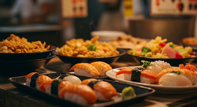 Delicious assortment of traditional Japanese food including fresh salmon nigiri sushi and appetizers