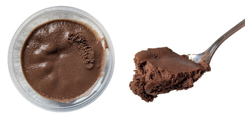 Mousse au Chocolate bundle, top view of an open package, and on a spoon, isolated on a transparent background