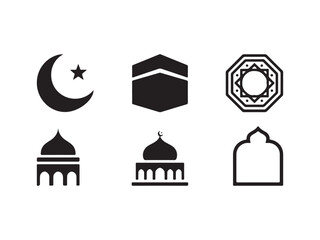 Islamic Icon Set Mosque Crescent Kaaba Symbol Flat Style on White