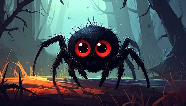 Cute Spider with Red Eyes in a Dark Forest.