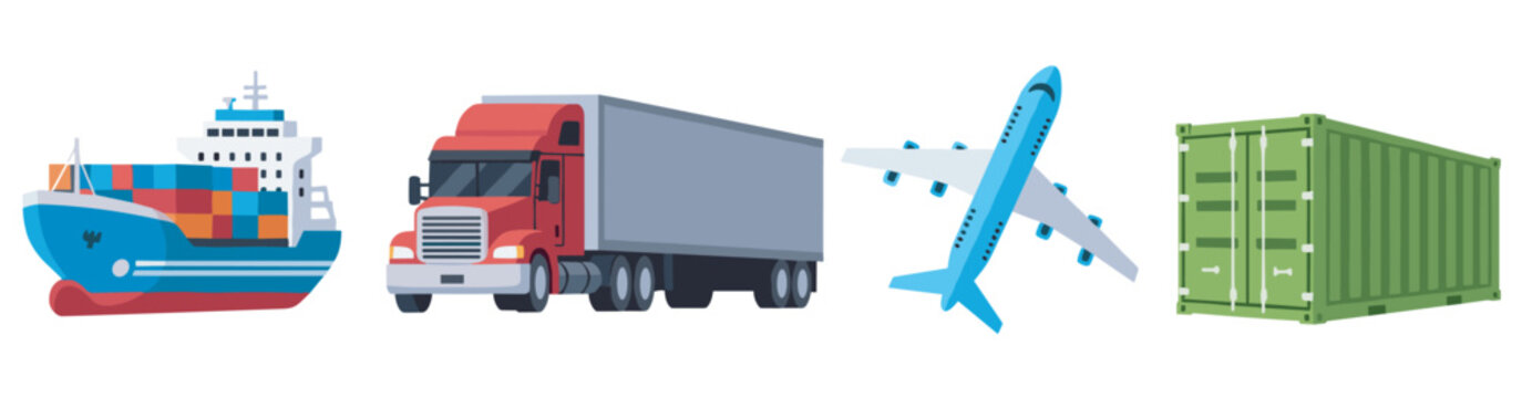 Fototapeta Colorful illustrations of a cargo ship, a red and gray truck, a blue airplane, and a green shipping container symbolizing different modes of freight transportation.