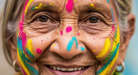Elderly Woman with Colorful Face Paint During Festival Celebration, Smiling Joyfully, Embracing Cultural Traditions and Vibrancy at an Outdoor Event