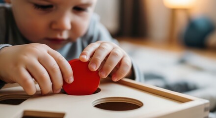 Caucasian child engaging with shape sorting toy for cognitive development