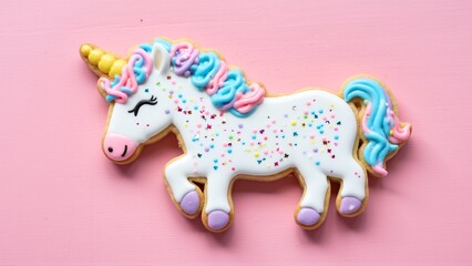Enchanting unicorn cookie adorned with colorful frosting and sparkling sprinkles on a pastel pink background.