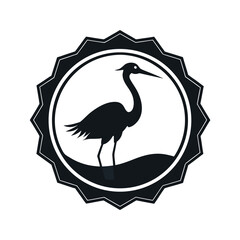 Silhouette of a Heron in a Circular Emblem Keywords: heron, bird, silhouette, emblem, logo, icon