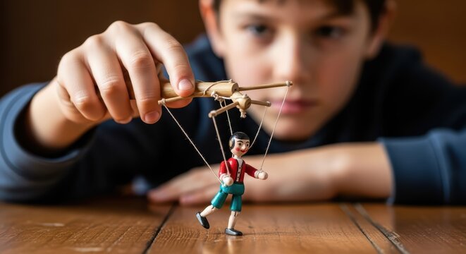 Young caucasian boy playing with puppet in creative indoor activity