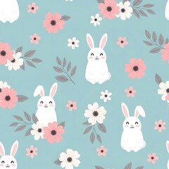 Cute Easter Bunny and Floral Pattern on Blue Background.
