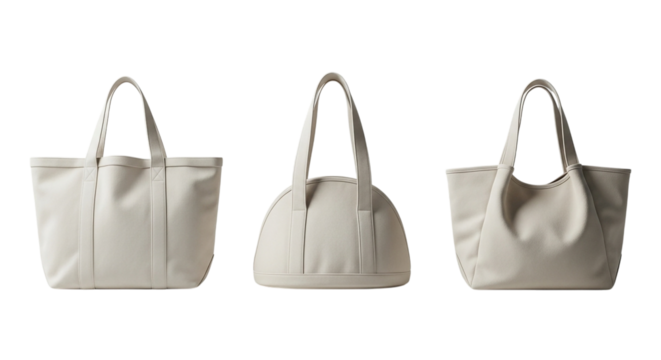 Three beige leather tote bags of different shapes and sizes, isolated on transparent background
