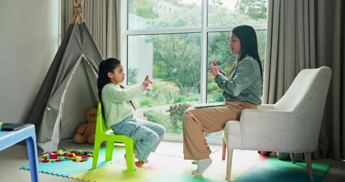 Child, woman or sign language in house practice with tablet, counselling or care for speech therapy. Girl, therapist or hand gestures in session with tech, help or support for nonverbal communication