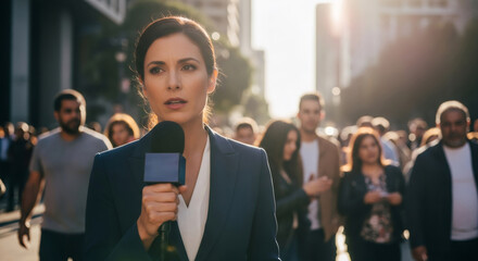 Woman reporter holding microphone, broadcasting live news report from protest. Journalist covering breaking event in busy city crowd.