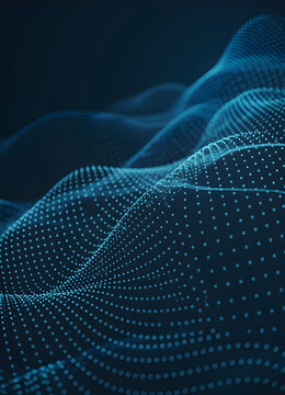 Abstract digital glowing blue grid landscape with flowing waves and interconnected dots creating a futuristic and technological representation of data flow and network connections