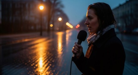 Woman journalist making report on street. Reporter holding microphone and speaking outdoors in rain. Breaking news and live coverage concept.