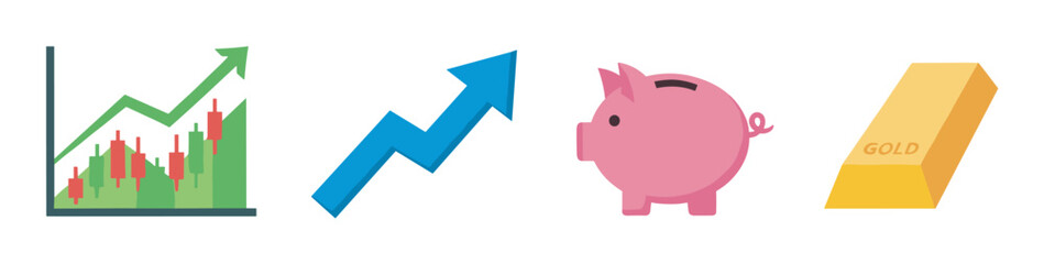 Colorful financial growth symbols including an upward chart, blue arrow, pink piggy bank, and gold bar.