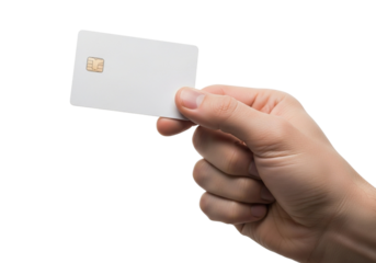 Hand holding a blank white credit card with a chip, isolated on transparent background