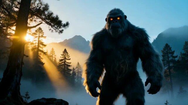Mysterious Hairy Creature With Glowing Eyes Stands In Foggy Forest At Sunrise With Sun Rays Shining Through Trees Over Mountain Landscape