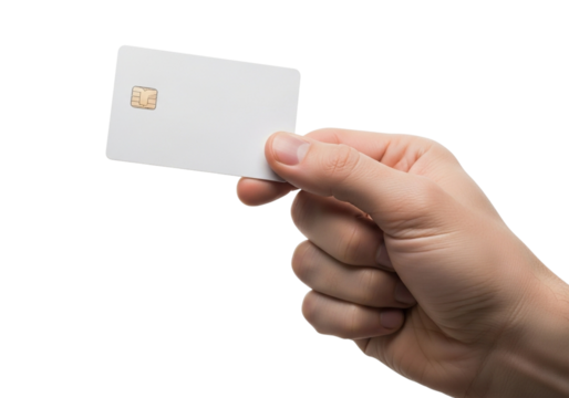 Hand holding a blank white credit card with a chip, isolated on transparent background