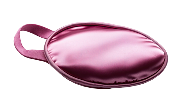 Satin pink eye mask, angled view with a headband loop, isolated on black