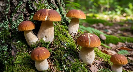Boletus Edulis Mushrooms Growing on Mossy Tree Trunk in Forest.