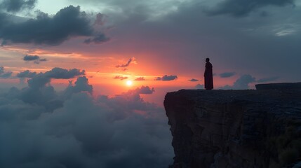 Dramatic sunset over clouds with solitary figure on cliff edge, evoking peace, contemplation, and spiritual journey