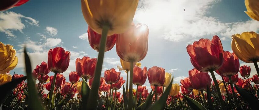 A stunning low-angle dolly shot moving through a vibrant tulip field towards the sun. Creates a feeling of joy, wonder, and immersion in the beauty of spring.