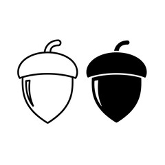 Acorn Nut Outline and Solid Icon Set for Autumn and Nature