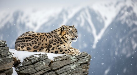 Obraz premium Snow Leopard Perched on a Rocky Cliff Overlooking Mountains.