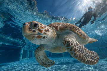 Fototapeta premium A majestic sea turtle swims gracefully through clear blue tropical waters.