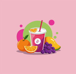 Fresh Fruit Smoothie Illustration Refreshing Drink with Orange, Grapes, and Mango on Pink Background
