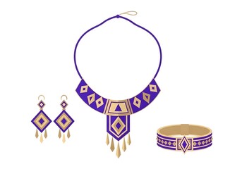 Beaded tribal jewelry set with necklace earrings and bracelet isolated on white background