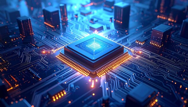 Futuristic Microchip Technology - Central Processing Unit with Glowing Circuits.