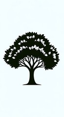 Silhouette of a Tree with Dense Foliage Against White Background.