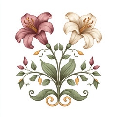 Elegant vintage botanical illustration of pink and cream lily flower decoration with graceful, symmetrical design and green leaf, isolated on white background