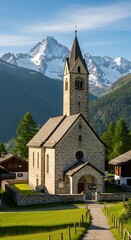 Fototapeta premium Picturesque Church in the Alps - A Serene Mountain Landscape.