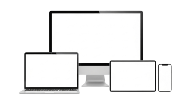 A collection of modern electronic devices including a desktop computer, laptop, tablet, and smartphone, all isolated on a transparent background
