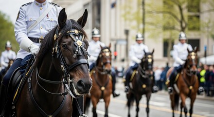 Fototapeta premium Horse-mounted police officers parading in a city street during a public event, showcasing a display of equestrian skills and law enforcement teamwork, with attendees observing nearby.