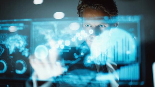 A focused professional interacts with advanced holographic technology, analyzing data visualizations and graphs in a modern, high-tech workspace, emphasizing innovation and progress.