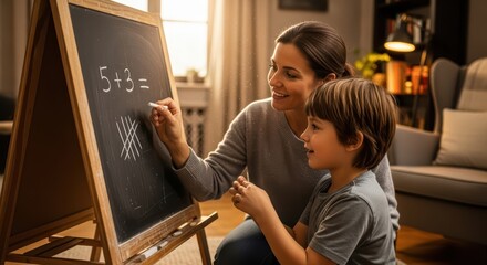 Mother teaching son math at home with chalkboard: caucasian woman and child learning together