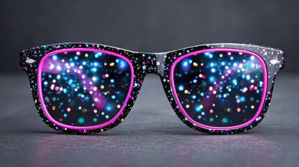 Cool pair of futuristic black sunglasses with pink frame and vibrant galaxy reflection. This stylish fashion eyewear accessory glowing with creative cosmic light