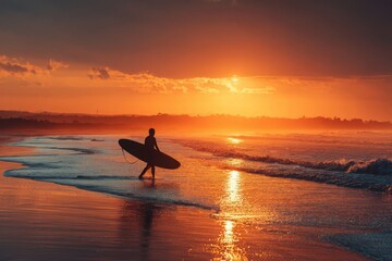 A surfer silhouette walks beach at golden hour tropical sunset, fiery sky.