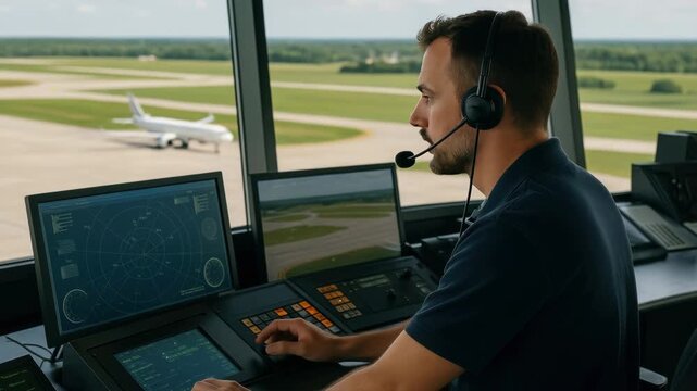 Side view of an air traffic controller in a tower, focused on screens with radar and runway views. Ideal for aviation video content.