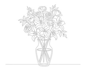 Detailed Line Art Flower Arrangement in Glass Vase Still Life