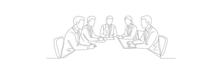 Minimalist Outline Group People Meeting Sitting Table Illustration Design