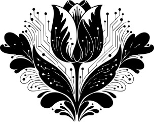 Elegant abstract tulip design merges organic floral beauty with modern technological circuits creating a striking fusion for innovation and growth concepts © Vectors Studio
