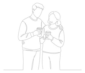 Minimalist Line Drawing Couple Using Smartphone Technology Communication Illustration