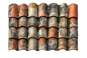 Aged, overlapping terracotta roof tiles, weathered and mottled with light and dark