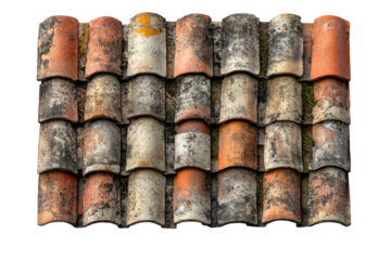 Aged, overlapping terracotta roof tiles, weathered and mottled with light and dark