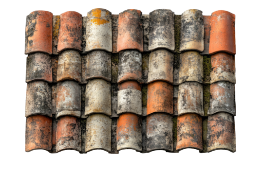 Aged, overlapping terracotta roof tiles, weathered and mottled with light and dark